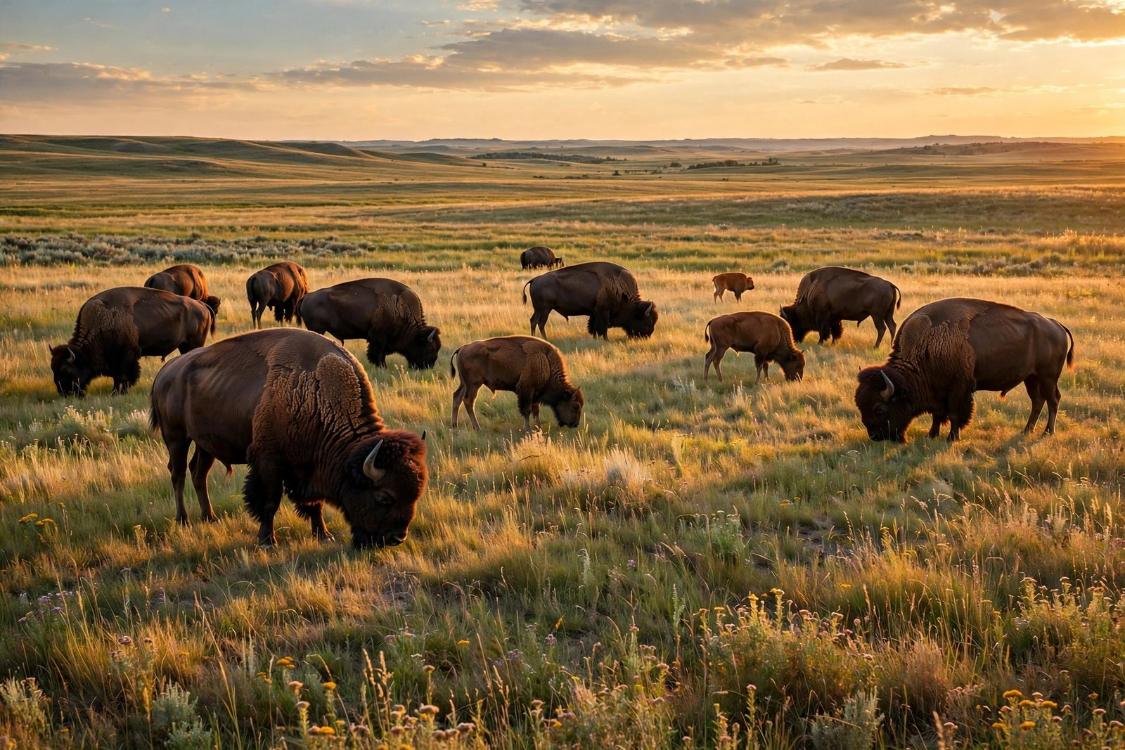 Herd of American bison grazing on an open prairie