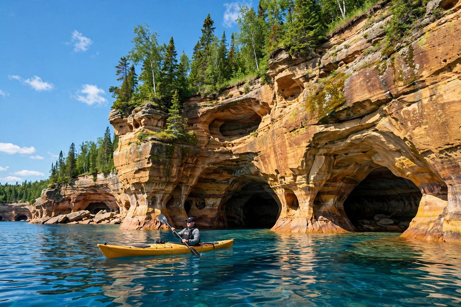 Kayaker paddling past golden sandstone sea caves on Lake Superior