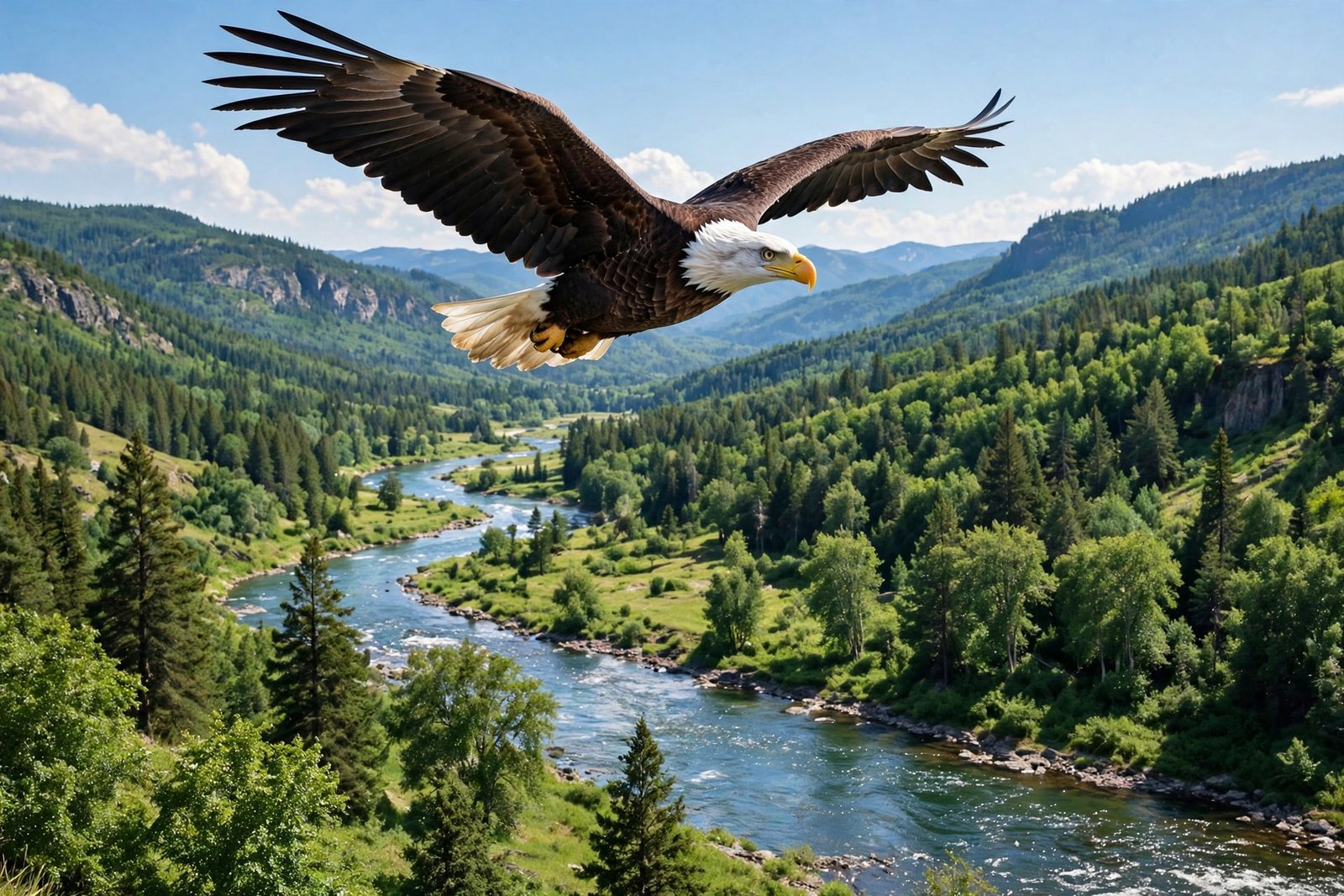 Bald eagle soaring over an American river valley