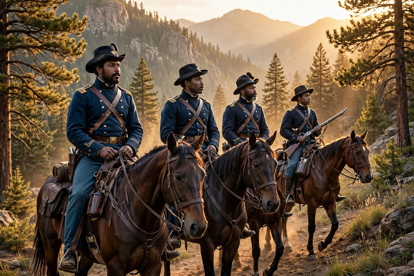 Buffalo Soldiers on horseback patrolling a forested mountain park at golden hour