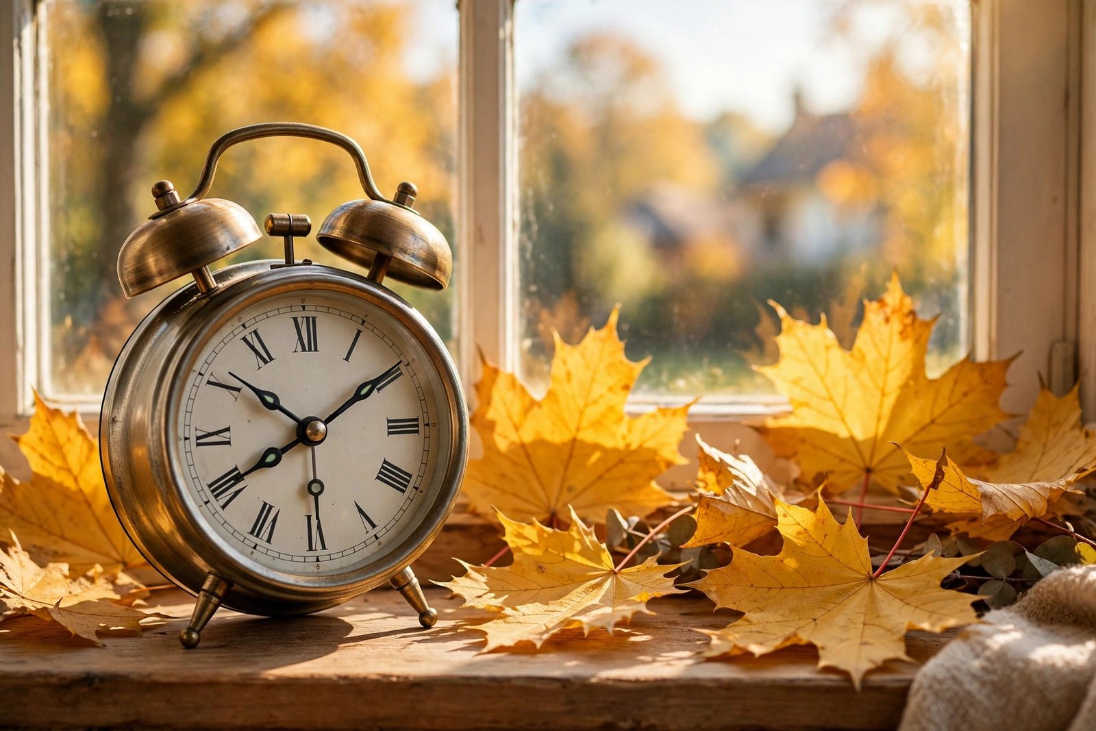 Classic alarm clock beside golden autumn leaves in warm morning light
