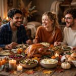 Friends sharing a festive autumn Friendsgiving feast at a decorated table