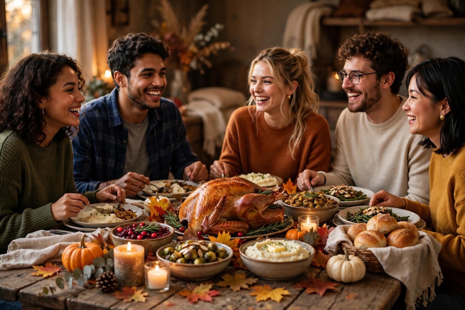 Friends sharing a festive autumn Friendsgiving feast at a decorated table