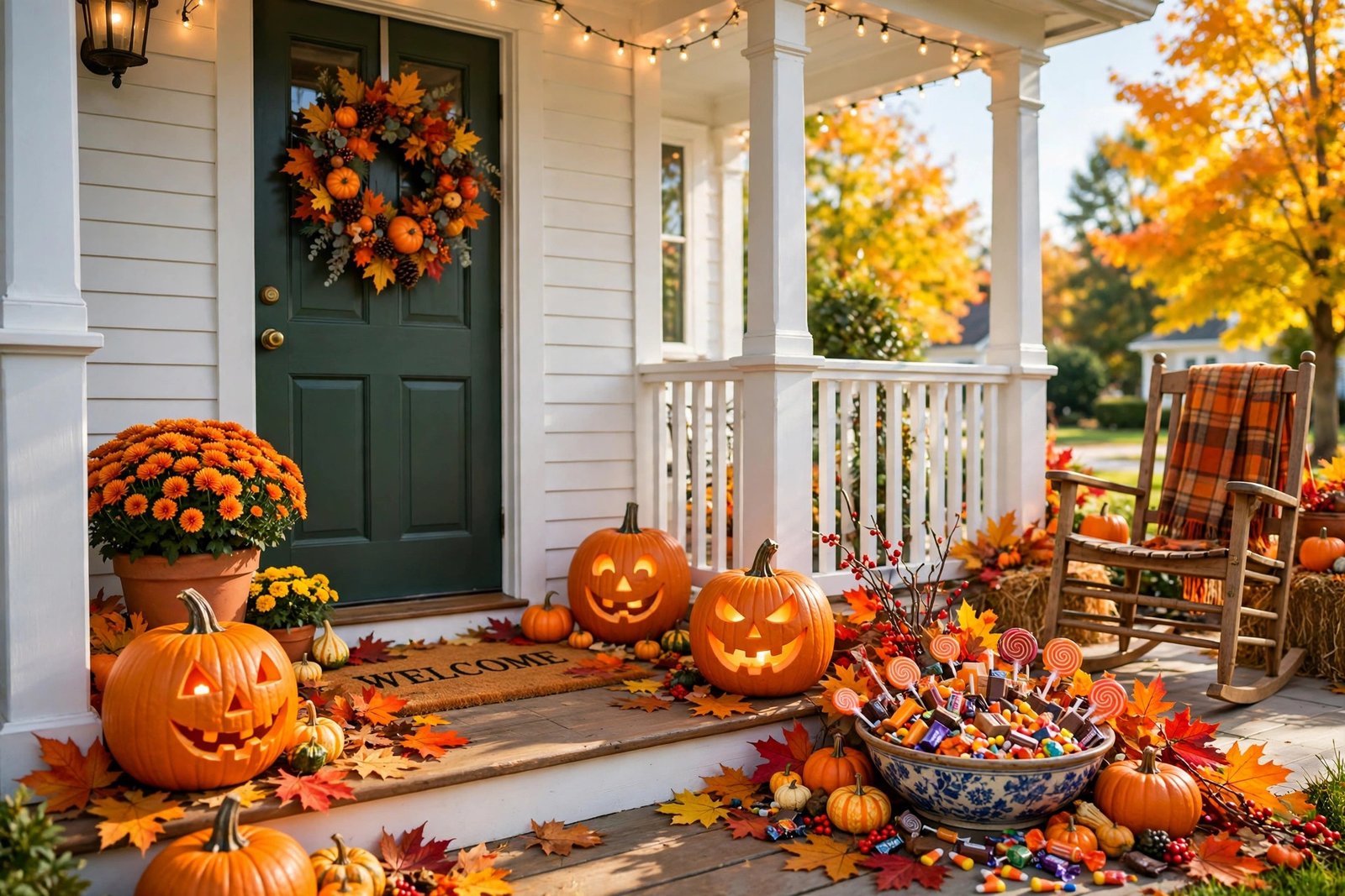Front porch decorated for Halloween with carved pumpkins and candy