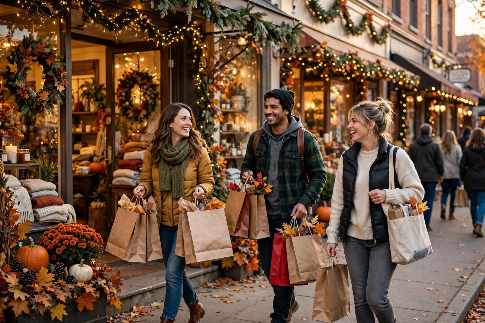 Shoppers with gift bags passing festively decorated holiday storefronts