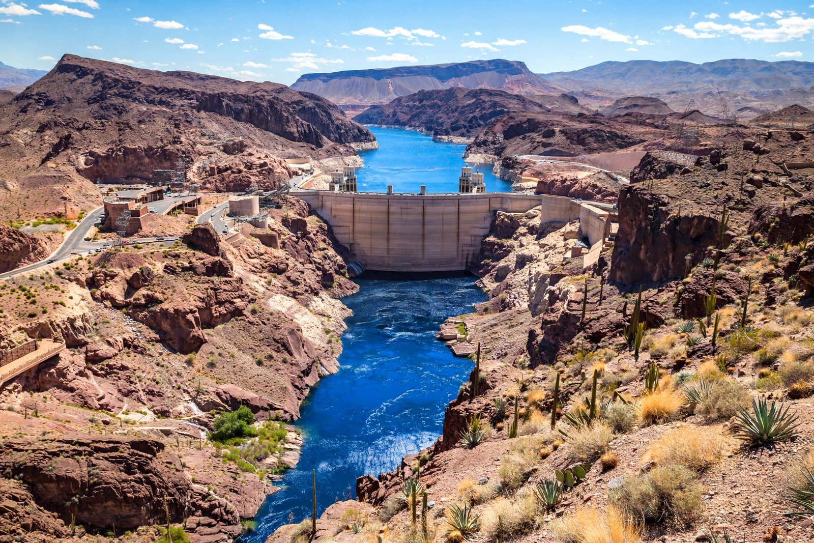 Hoover Dam spanning a desert canyon