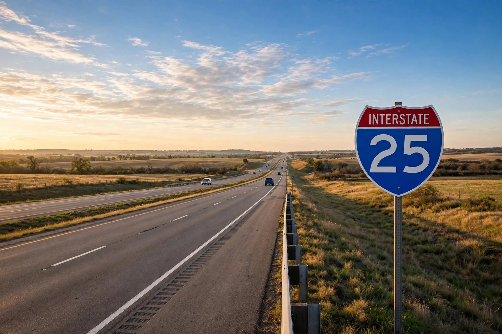 American interstate highway stretching to the horizon at sunrise
