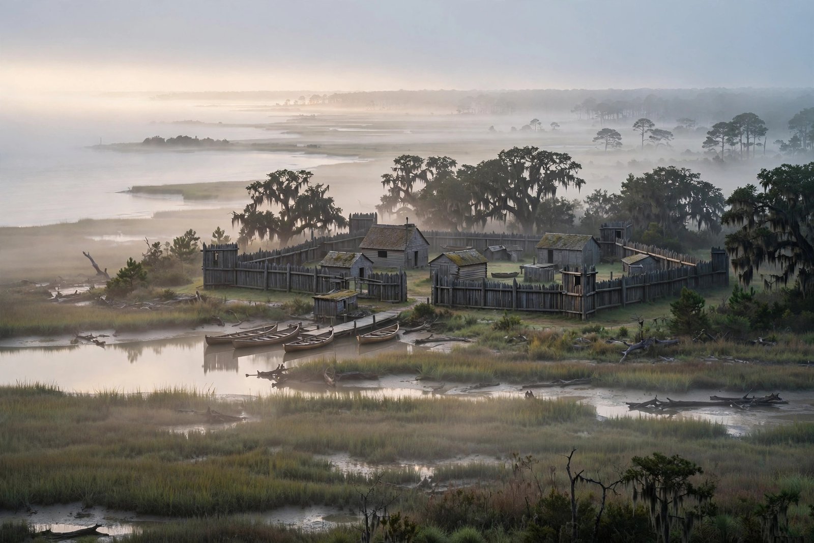 Misty historic fort settlement on the North Carolina coast