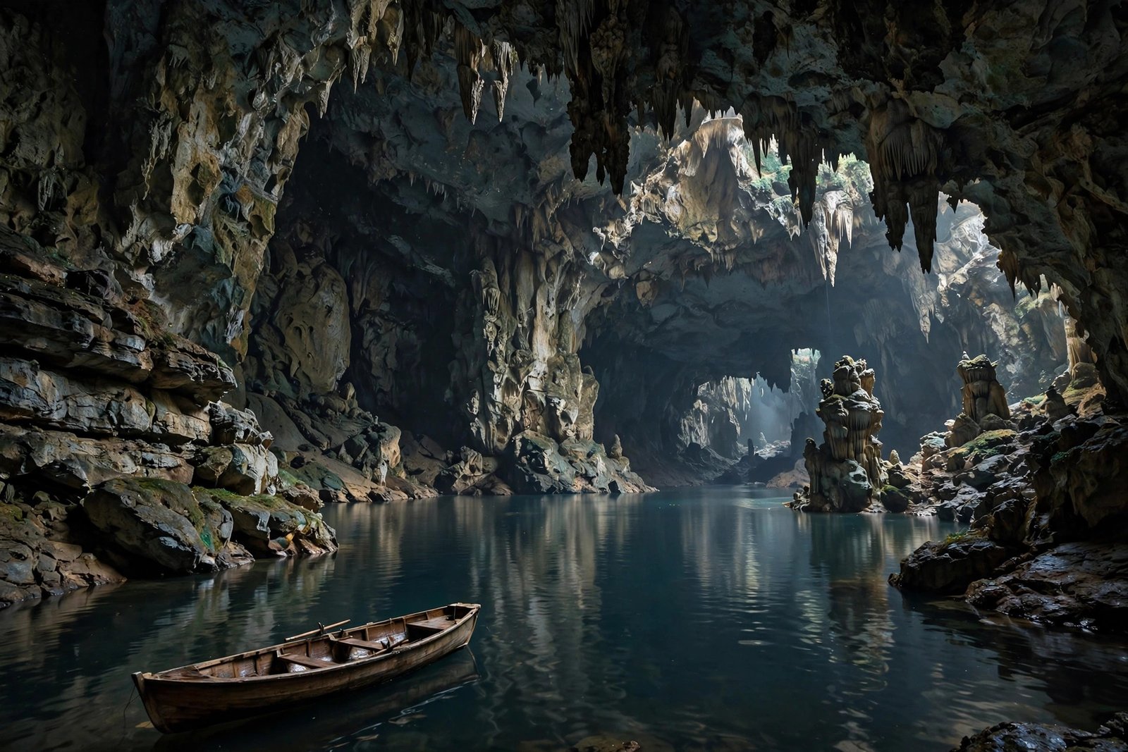 Vast underground lake inside a cavern with a small boat