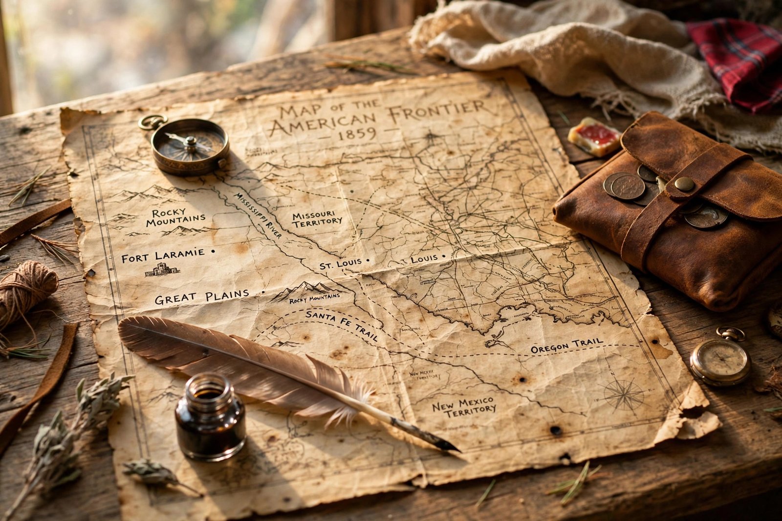 Old parchment map and quill on a wooden desk in soft daylight