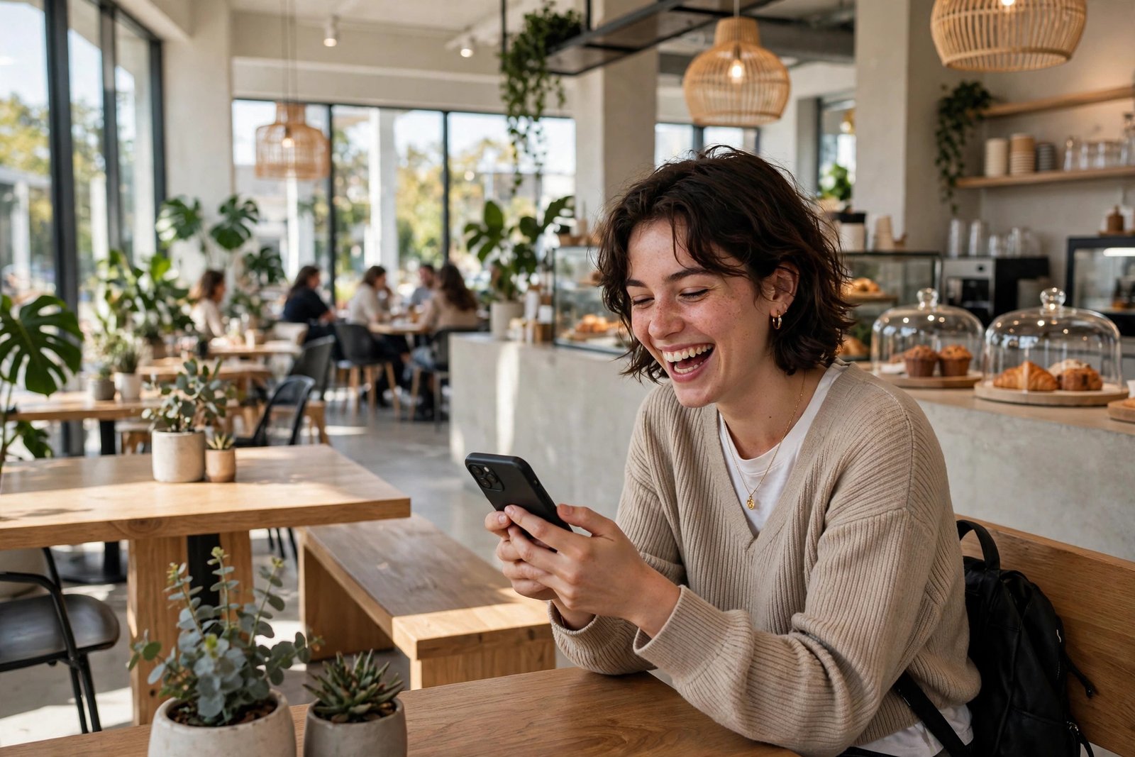 Young person laughing while looking at a phone in a cafe