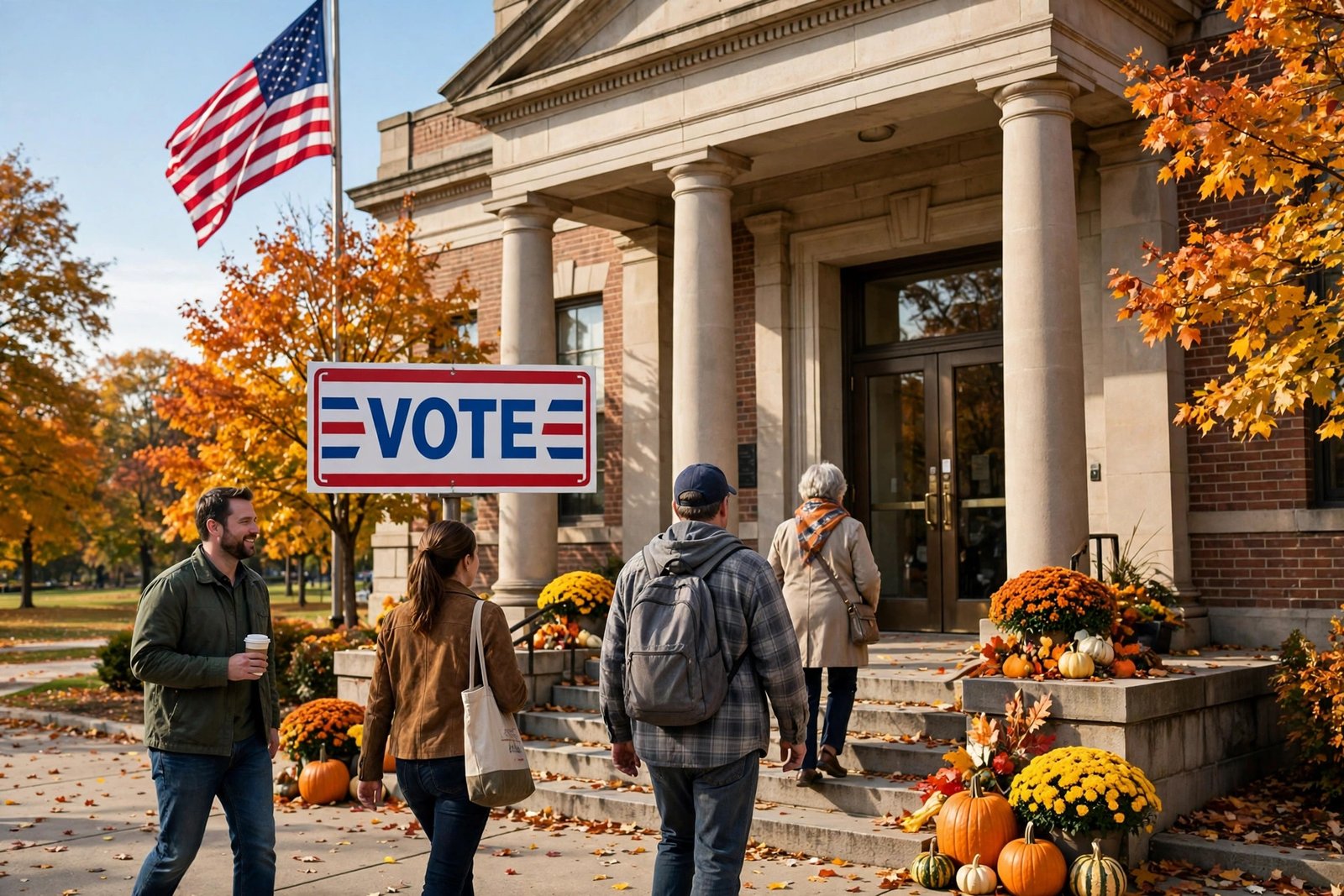 American flag and VOTE sign outside a polling place on election day