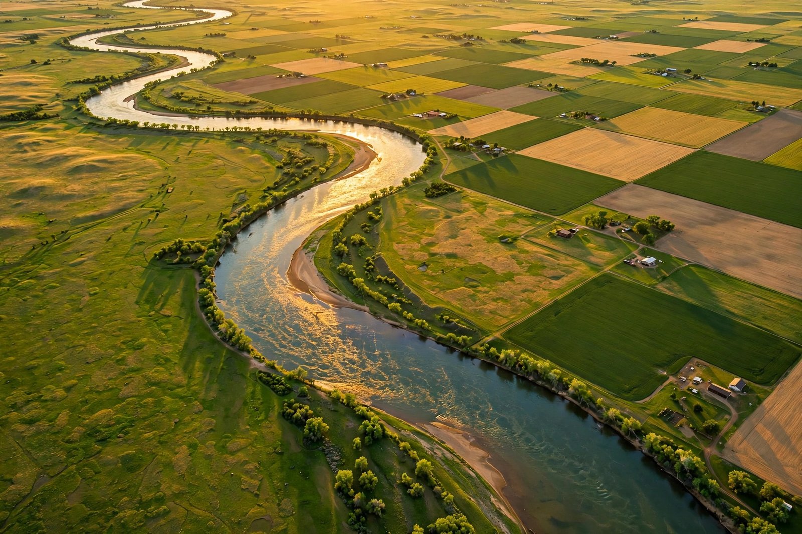 Aerial view of a wide American river winding through plains at golden hour