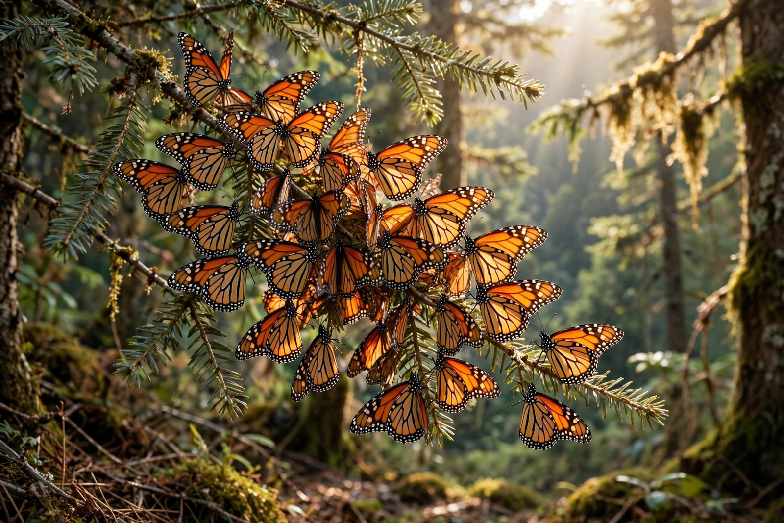 Monarch butterflies clustered on fir branches in a Mexican mountain forest