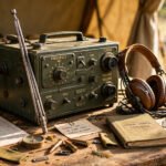 1940s field radio and headphones on a wooden table in warm sunlight