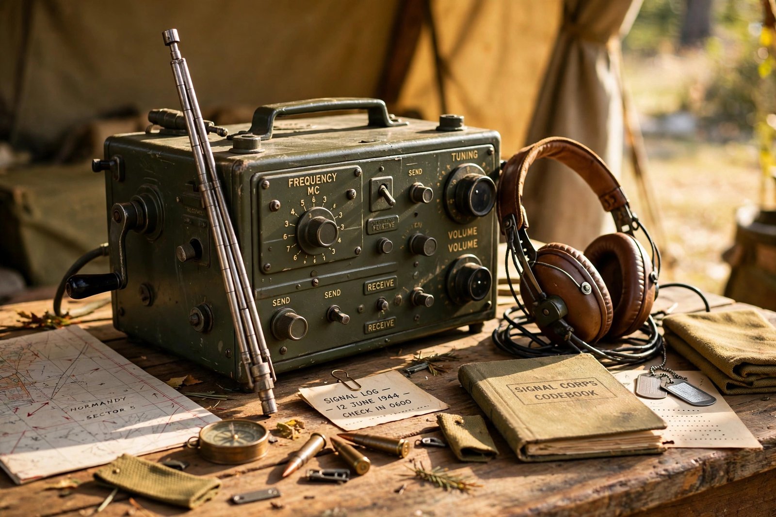 1940s field radio and headphones on a wooden table in warm sunlight