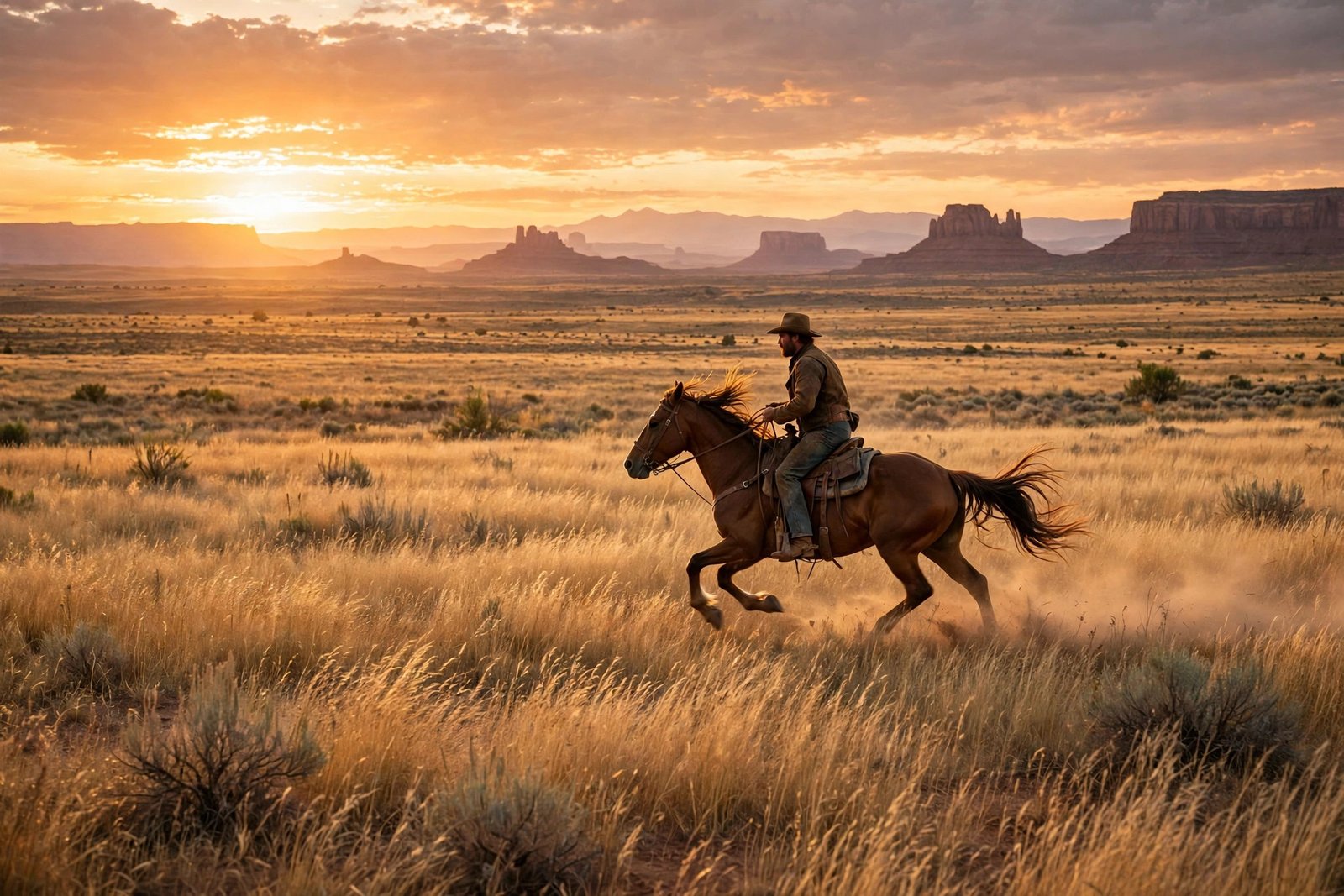 Lone horse rider galloping across a golden western prairie