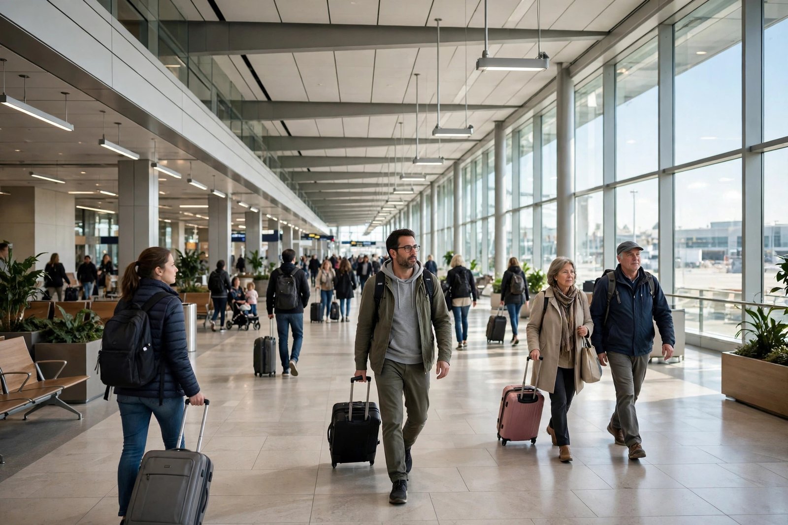 Travelers walking through a bright modern airport terminal