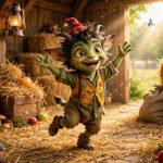 Whimsical fairy-tale imp dancing in a straw-filled barn