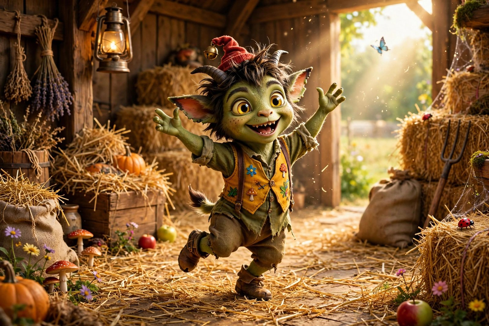 Whimsical fairy-tale imp dancing in a straw-filled barn