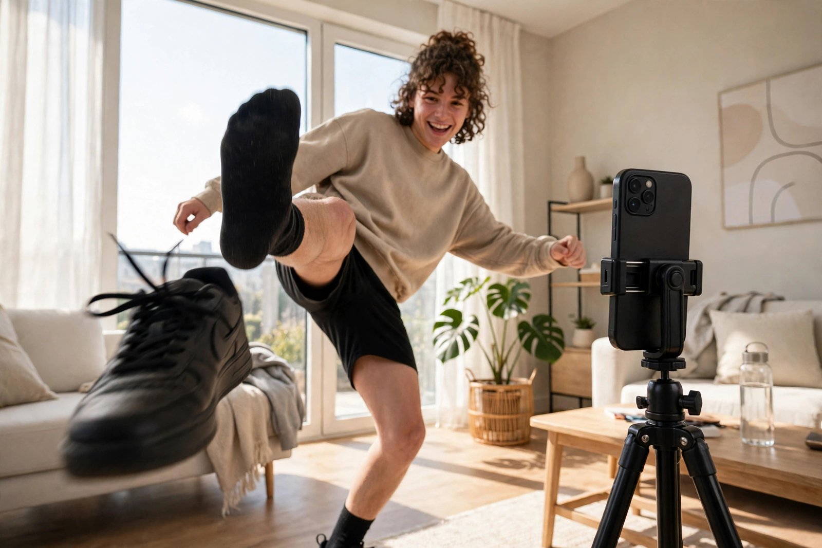 Creator filming a shoe kick transition video with a sneaker mid-kick
