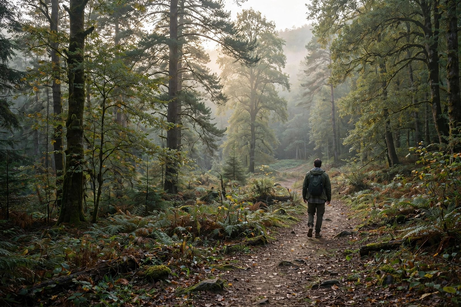 Person walking peacefully alone on a quiet forest trail