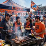 Football fans tailgating with grill and team flags in a stadium parking lot