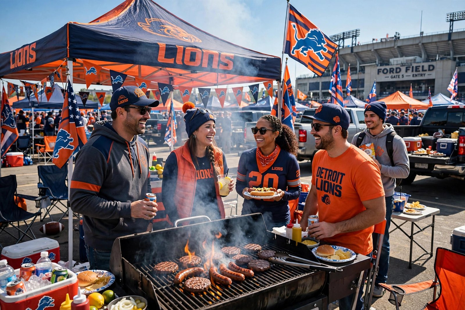 Football fans tailgating with grill and team flags in a stadium parking lot