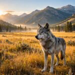 Gray wolf standing in a golden Yellowstone valley meadow at sunrise