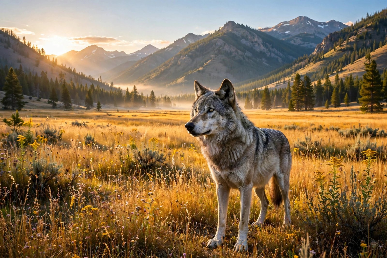 Gray wolf standing in a golden Yellowstone valley meadow at sunrise